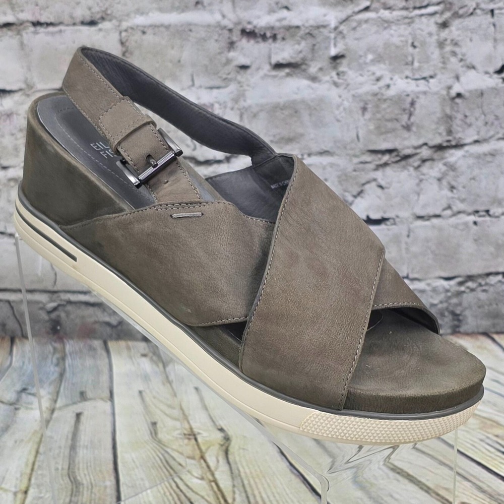 Eileen Fisher Wedge Sandals Womens Size 9 Gray Leather Slingback Platform Summer